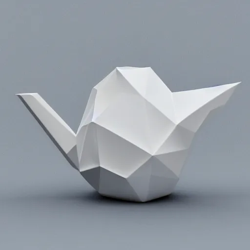 Image similar to a real life, low poly design, metallic teapot on a white background