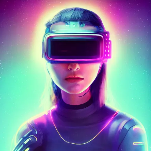 Image similar to cyberpunk concept cool girl cyborg bot, cinema 4 d, galaxy, ufo, space sci - fi, wearing vr goggles, illustration, portrait, pastel neon textured background night, trending on artstation, greg rutkowski, octane rendered, 1 2 k, detailed,