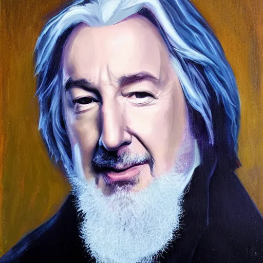 Image similar to A portrait of Alan Rickman depicted as Albus Dumbledore, oil painting