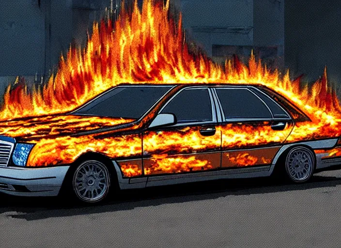 Image similar to burning wrecked mercedes 1 2 4, pixelart by kirokaze, award winning. dramatic. trending on artstation. very low quality, low resolution sync by honeybunny