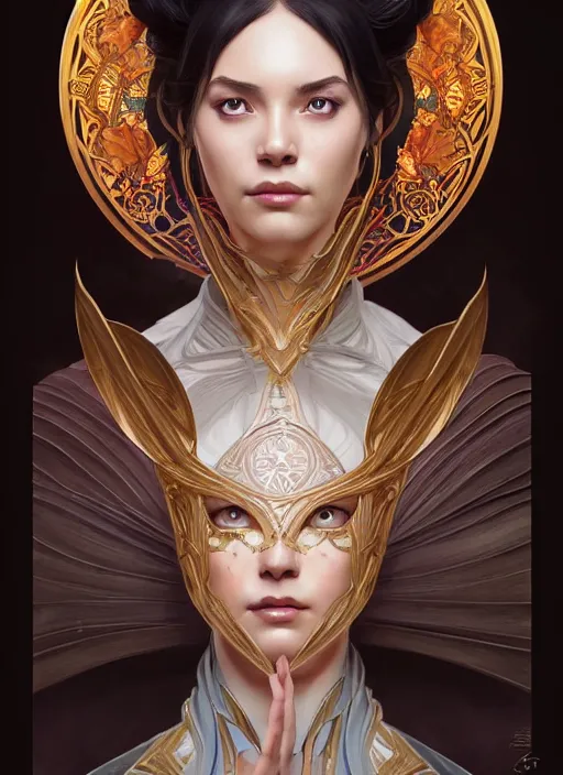 Image similar to symmetry!! portrait of a female sorcerer, dar fantasy, intricate, elegant, highly detailed, my rendition, digital painting, artstation, concept art, smooth, sharp focus, illustration, art by artgerm and greg rutkowski and alphonse mucha and huang guangjian and android jones and sachin teng