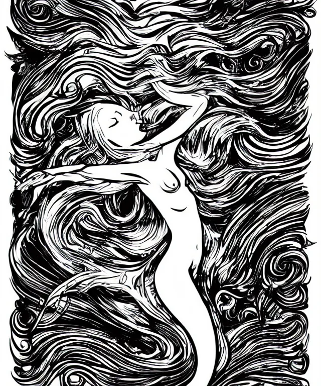 Image similar to black and white illustration, creative design, beautiful mermaid in swirling water