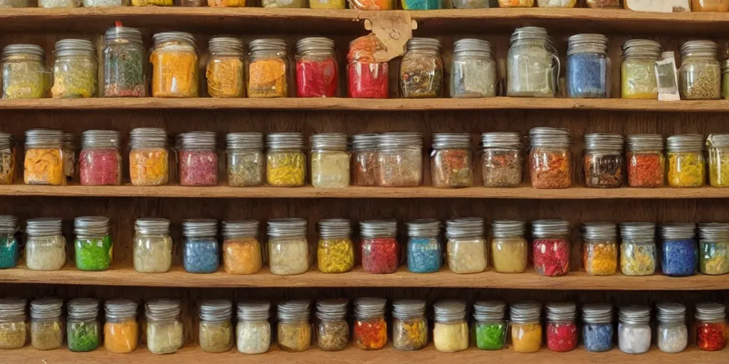 Image similar to a shelf full of colorful jars containing souls of the damned
