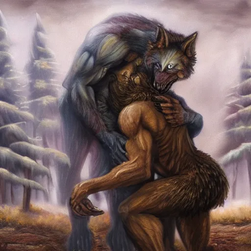 Image similar to oil painting of a werewolf kissing another werewolf, detailed, 4k, fantasy