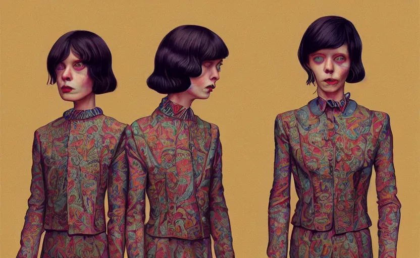 Image similar to creepy twins in victoria clothes:: by Martine Johanna and Simon Stålenhag and Chie Yoshii and Casey Weldon and Guillermo del toro :: ornate, dynamic, particulate, intricate, elegant, highly detailed, centered, artstation, smooth, sharp focus, octane render, 3d