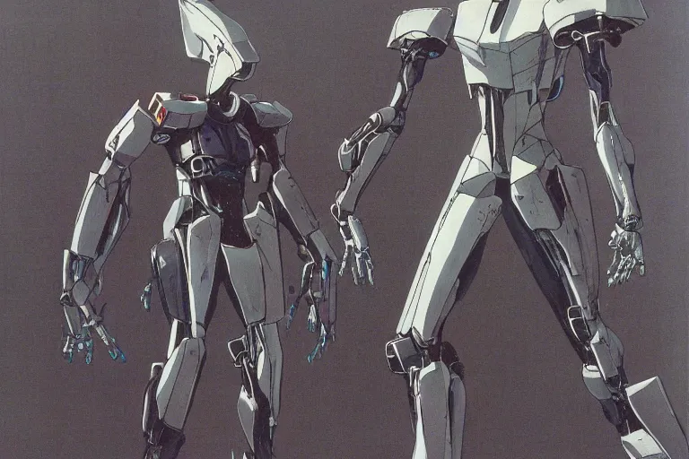 Image similar to 1 9 8 0 s anime screenshot of a sleek, slender, human - scale mecha suit defending the city streets, designed by hideaki anno, drawn by tsutomu nihei, and painted by zdzislaw beksinski