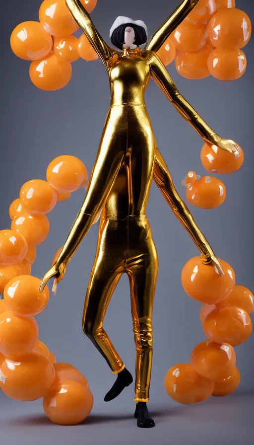 Prompt: a single female striding slender figurine of a tall giant inflated space man wearing over sized gold teal puffy bomber jacket, long bendy arms and legs, googly eyes, tareme eyes, small head, personification, dynamic pose, detailed product photo, tone mapped, beautiful composition, orange mist swirling at feet, 8 5 mm, f 5. 8