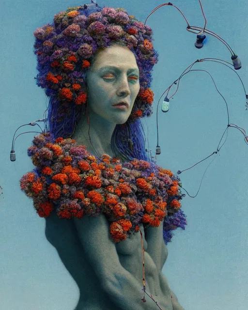 Image similar to A portrait of a woman wearing clothes made out of dying flowers, nuclear explosion in the background, Masterpiece, blue skin, glowing, wires everywhere, by Edgar Maxence and Ross Tran, Zdzisław Beksiński, and Michael Whelan, distant, gustav dore, H.R. Giger, 8k, octane render