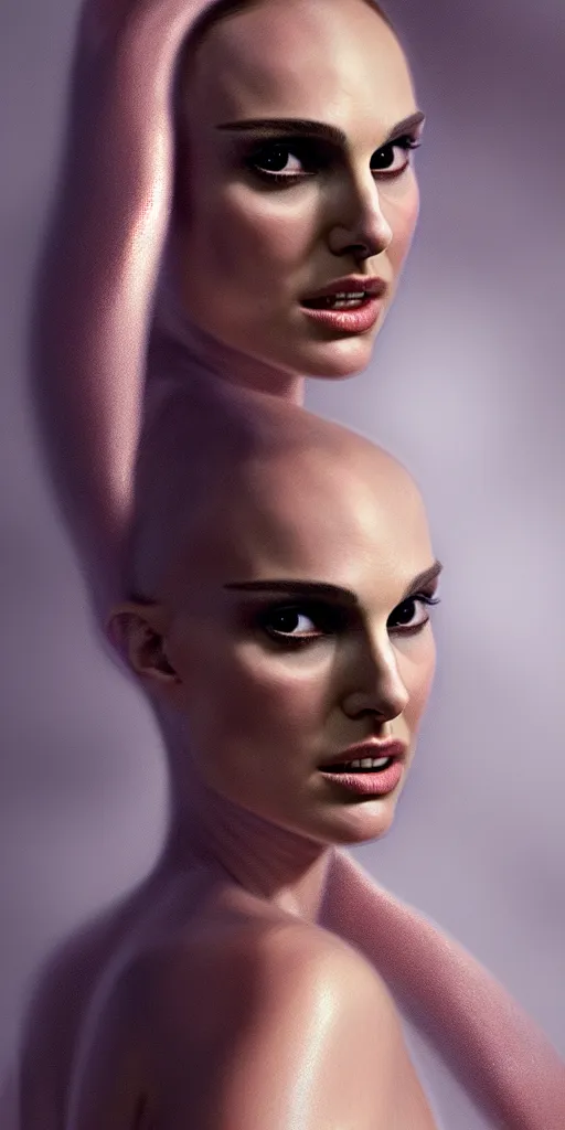 Image similar to Natalie Portman, wearing an evening gown, alexander mcqueen couture, very detailed portrait, ultrarealistic, dramatic lighting, electrical details, high details, 4k, 8k, best, accurate, trending on artstation, fur, artstation, photorealism, ultrarealistic, digital painting, style of Dali, Caravaggio, Boris Vallejo