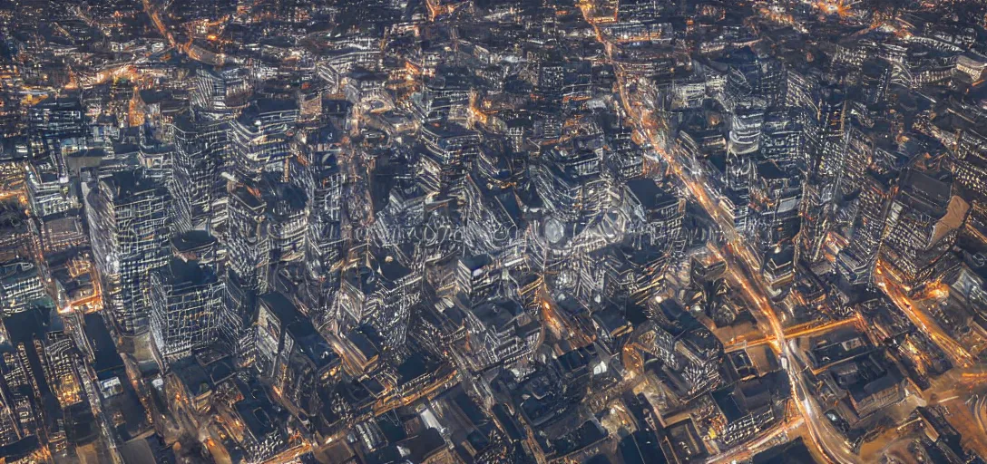 Image similar to high angle view of a stock of giant steel mandales, extruded charcoal interior displays a detailed city at night, wide angle photo, f8 aperture