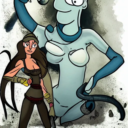 Prompt: Squidward Tentacles wearing Lara Croft's outfit, cartoon, crossover, promotional image