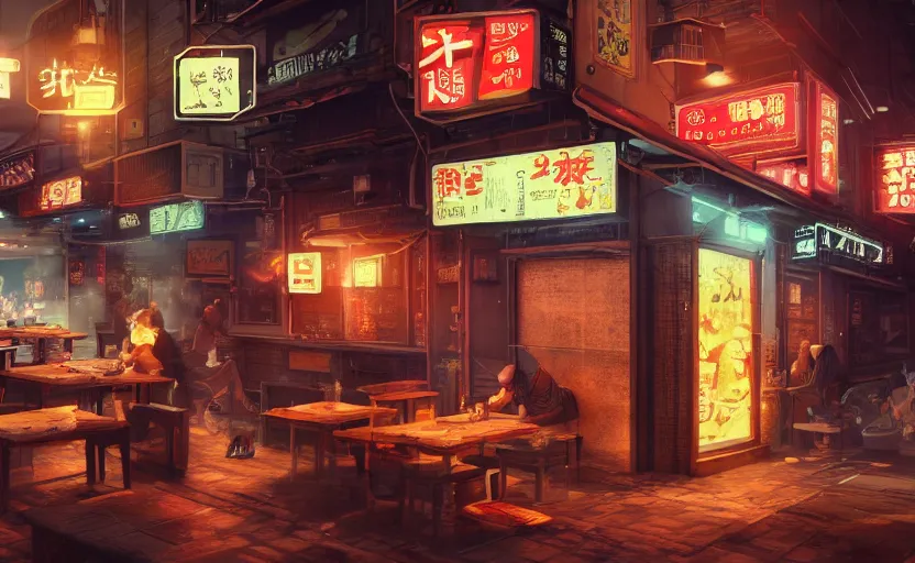 Prompt: a small cozy hole in the wall ramen restaurant nestled in a busy street of a bustling thriving cyberpunk city at night, trending on cgsociety, unreal engine, 4 k wallpaper