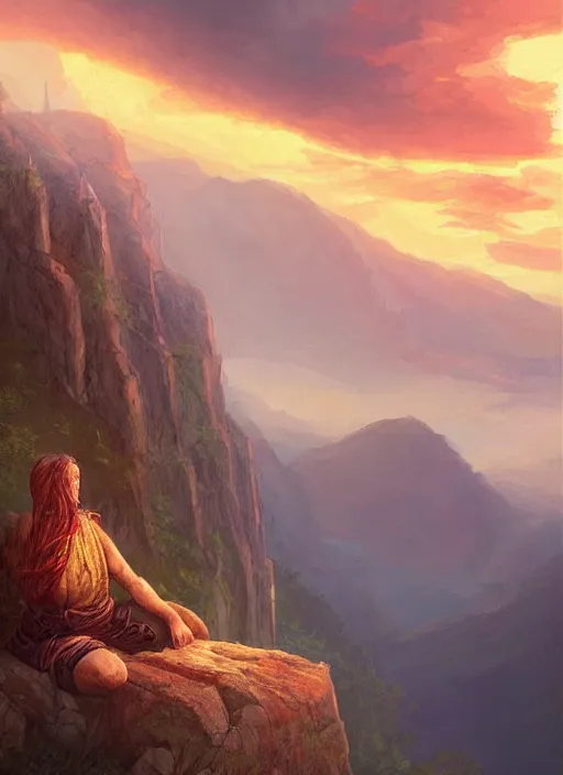 Image similar to an shaman sitting at the top of a cliff, looking down at the valley, doing a vision quest, beautiful sunset, art by charlie bowater