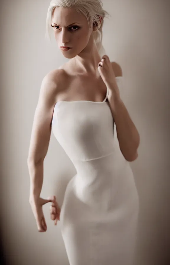 Image similar to photo of gorgeous seductive tall emily skinner cosplaying annie leonhart wearing elegant white dress, wearing open toe heels, in a white room, beautiful face, pale skin, rule of thirds, cinematic lighting, sharp focus, backlit, stunning, smooth, hard focus, full body shot, studio photo, shot on sony a 7 iii