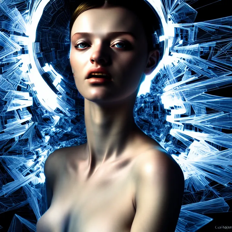 Image similar to hyperrealism photography computer simulation visualisation of parallel universe dramatic scene with beautiful highly detailed ukrainian woman by caravaggio wearing neofuturistic neural interface by josan gonzalez. volumetric natural light - s 1 5 0