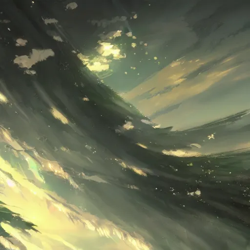Prompt: Sheathed in the breath of the planet, a torrent of shining life. Feel its wrath, Anime concept art by Makoto Shinkai