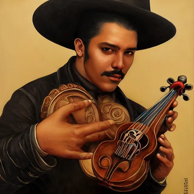 Prompt: portrait of a mexican mariachi musician, art by tom bagshaw and manuel sanjulian and diego rivera