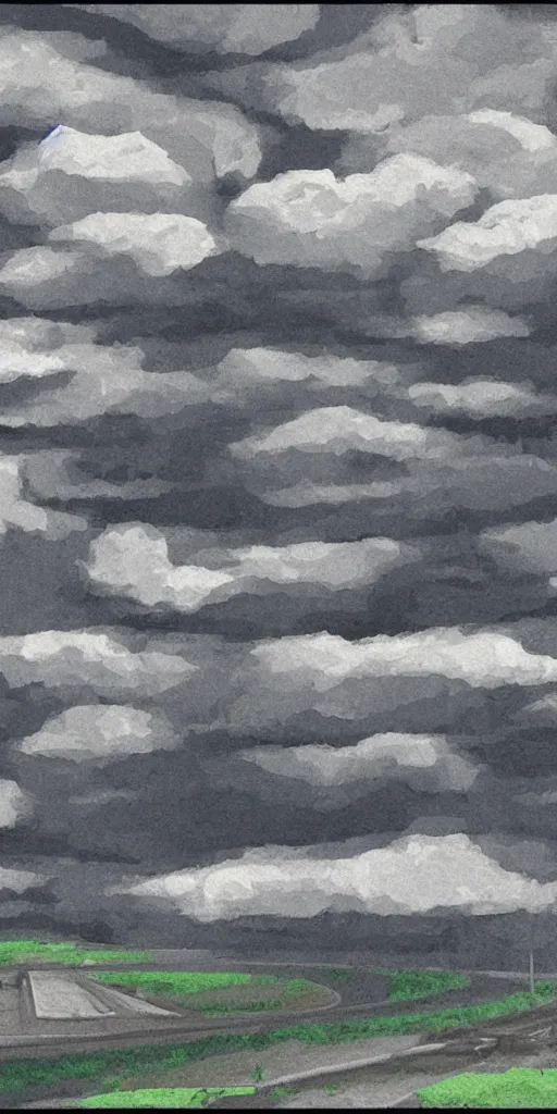 Prompt: 2D post-industrial landscape with distorted clouds, 8 bits graphics, flat, SNES game, crushed quality, low contrast, low light, color gradient, low saturation, heavy color compression filter, corrupted data