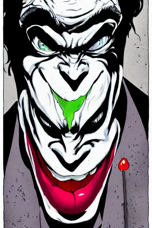 Image similar to angry joker, clenching teeth, with ghost smokes behind, illustration, jason fabok style, fantasy color scheme