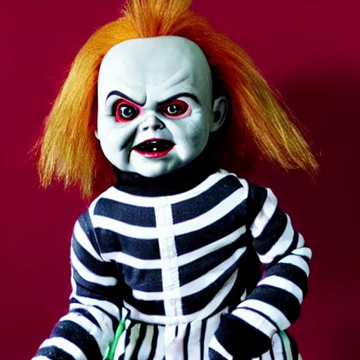 Prompt: Chucky the killer doll as Beetlejuice