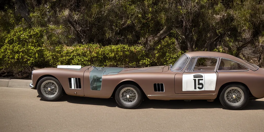 Prompt: photograph, 1958 FERRARI 250 GT, bronze paint, by Peter Singhof, press release, cinematic, pacific coast highway, 8k, depth of field, bokeh. rule of thirds