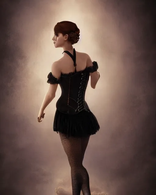 Image similar to full shot portrait painting of very beautiful emma watson standing as black violet maiden in stockings corset noir streets, character design by mark ryden and pixar, ue 5, daz, hyperrealistic, octane render, cosplay, rpg portrait, dynamic lighting, intricate detail, cinematic