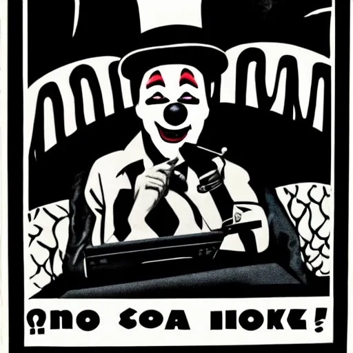 Prompt: film poster noir. a software programmer dressed as a clown is sitting in front of a computer . he is smoking a cigar . Smoke is flying around.