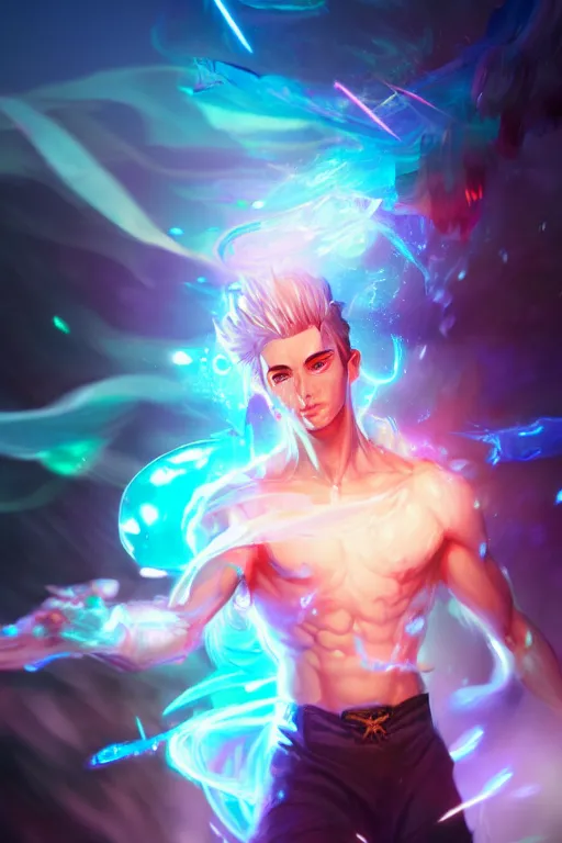 Image similar to a human elemental sorcerer, blurred environment background, colorful magic effects, white skin, portrait, male, sharp focus, digital art, concept art, dynamic lighting, by emylie boivin and rossdraws