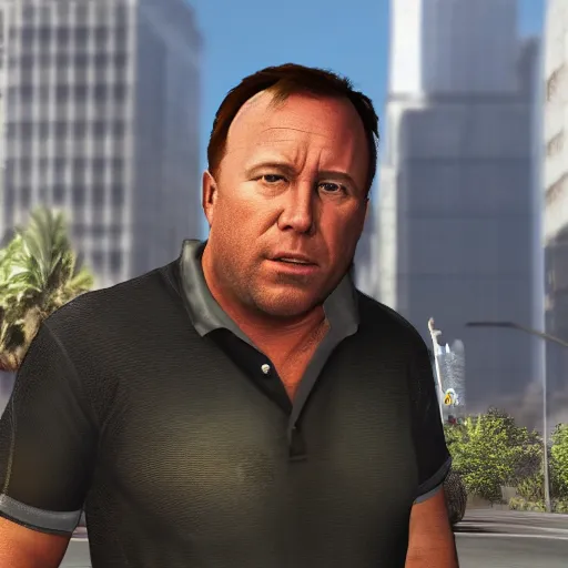 Prompt: alex jones as a GTA style character on a loading screen, 4k, high detail, high-resolution photograph, professional photography, ultra-detail