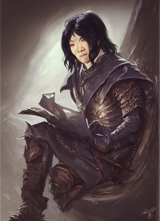 Prompt: asian with medium black hair man sitting at his desk look down at me, low angle, camera low, dndbeyond, bright, colourful, realistic, dnd character portrait, full body, pathfinder, pinterest, art by ralph horsley, dnd, rpg, lotr game design fanart by concept art, behance hd, artstation, deviantart, hdr render in unreal engine 5