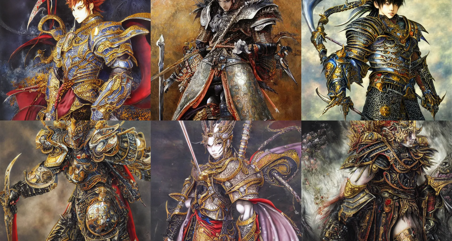 Prompt: 4k 8k extremely detailed Yoshitaka Amano painting of Jungkook royal warrior. Complex fantasy armor Renaissance style.
