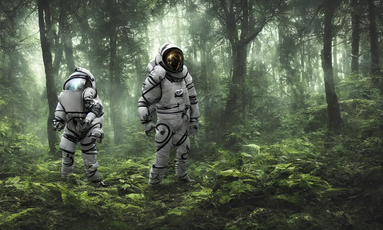 Image similar to prometheus astronaut in the forest with plants environment ,wide angle low, cinematic atmospheric lighthing, octane render, by craig mullin,