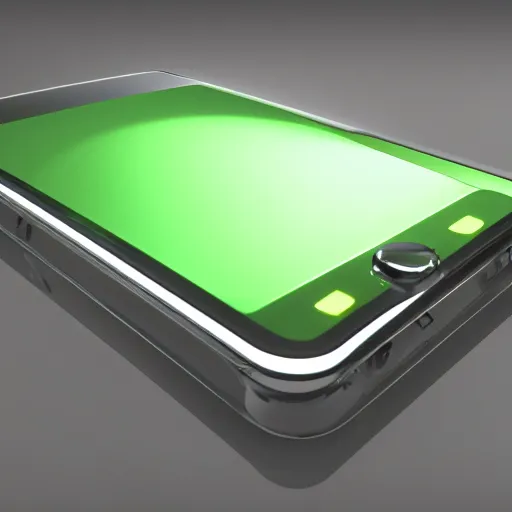 Image similar to an ultra high definition cycles render of a floating chunky green transparent plastic mobile phone at an angle with an e-ink screen inspired by a g-shock watch. Emissive screen and indicator lights, bloom