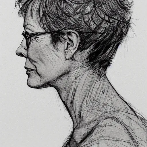 Prompt: a realistic yet scraggly portrait sketch of the side profile of a stern and sophisticated jamie lee curtis, trending on artstation, intricate details, in the style of frank auerbach, in the style of sergio aragones, in the style of martin ansin, in the style of david aja, in the style of mattias adolfsson