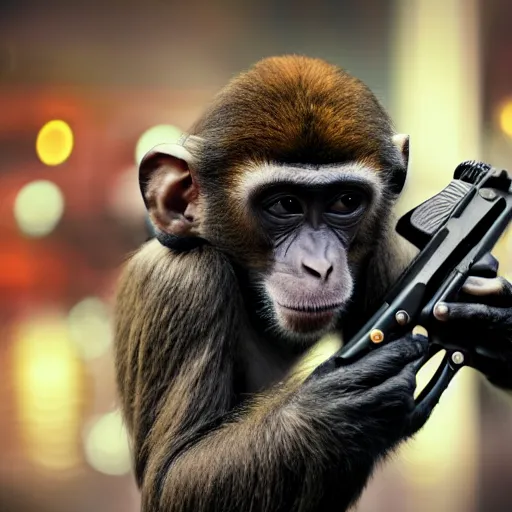 Prompt: a monkey with a revolver in his hands, real life photo, 4 k, cyberpunk, highly detailed, sharp focus - h 8 0 0