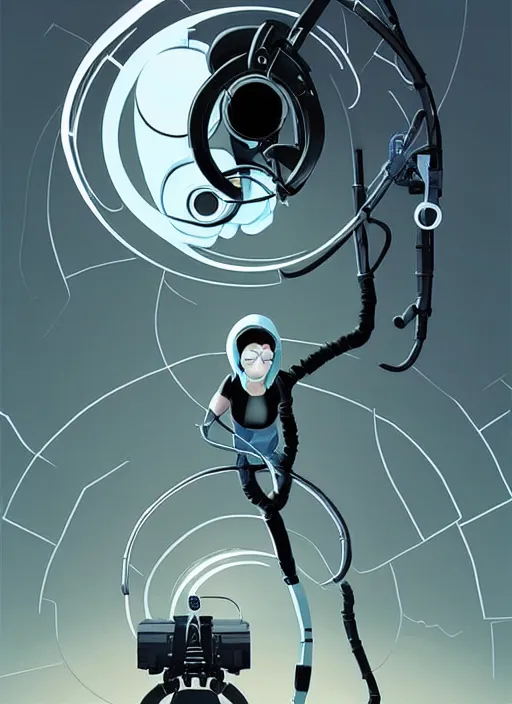 Image similar to poster artwork by Michael Whelan and Tomer Hanuka, of GLADOS from the game Portal 2, from Valve, Aperture Science, clean