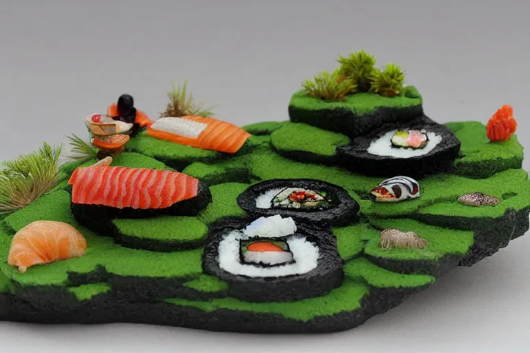 Image similar to miniature island made of sushi, diorama picture, 5 5 mm, sushi - island