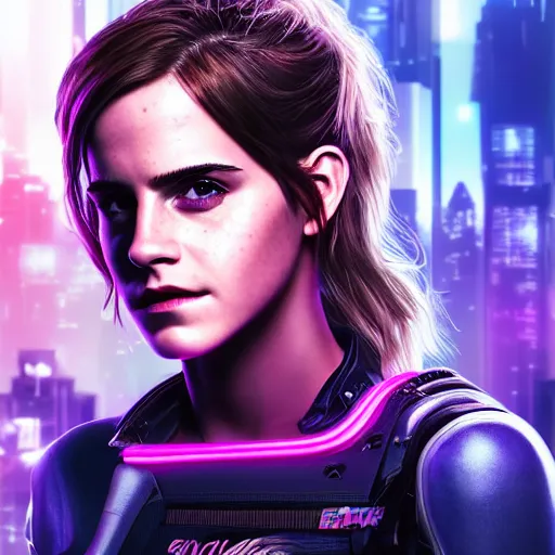 Image similar to emma watson portrait, cyberpunk 2 0 7 7, cyberpunk judy alvarez, photorealistic, ultra detailed, neon, octane, bokeh, cinematic lighting, cyber, cyberpunk city, studio quality, feature, scars, cyberface, 8 k