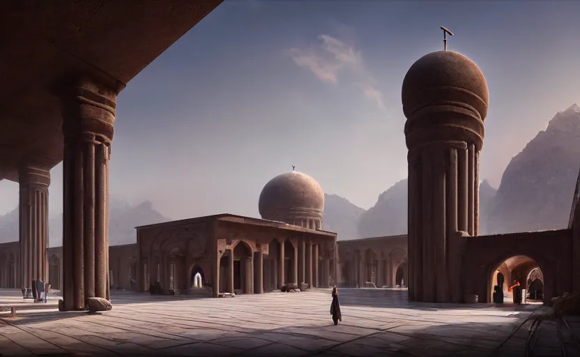 Prompt: exterior shot of utopian train station on in the middle of an ancient persian temple hill with cinematic lighting by peter zumthor and renzo piano, darek zabrocki and greg ruthkowski, simon stalenhag, cinematic, holy place, paradise, scifi, futurism, atmospheric, concept art, artstation, trending on artstation