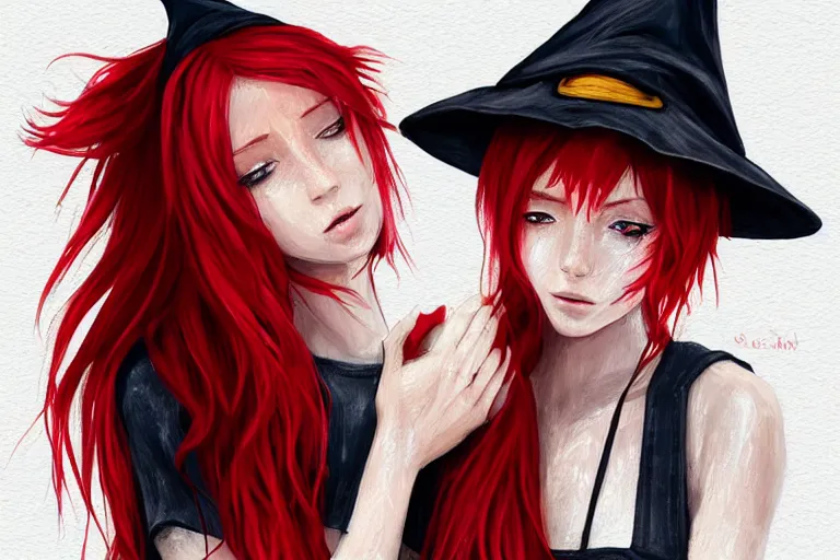 Prompt: beautiful woman, red hair covers face, witch hat, soft eyes and narrow chin, dainty figure, long hair straight down, torn overalls, short shorts, combat boots, wet tshirt, raining, basic white background, side boob, symmetrical hands, portrait, elegant, intricate, digital painting, artstation, concept art, smooth, sharp focus, illustration, art by artgerm and greg rutkowski and alphonse mucha,