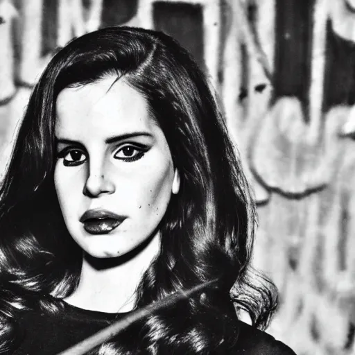 Prompt: photo of lana del rey in a black - metal band