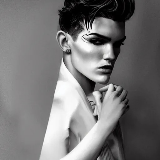 Prompt: beautiful portrait of androgynous ruby rose as desire from sandman in a white tuxedo!!!, rockabilly style,, by alphonse mucha, by jeremy mann, by peter lindbergh, cedric peyravernay, by frank moth, white suit and black tie, soft lightning, high detailed, 8 k