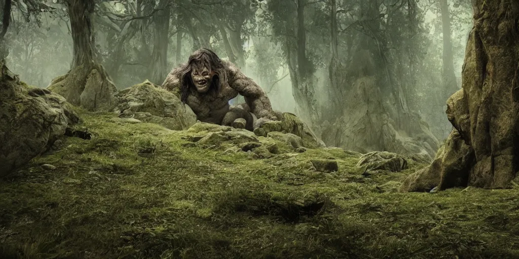 Image similar to a giant cave troll in a scary forest in the style of lord of the rings, 8 k, moody lighting, shallow depth of field, raytracing,