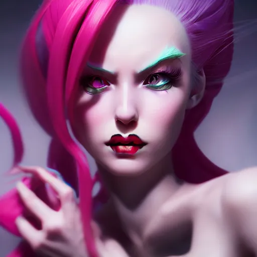 Image similar to Portrait of jinx from league of legends, anger, mystery, fear, highly detailed, beautiful, ominous vibe, smoke, octane render, cgsociety, artstation, trending on ArtStation, by Marie Magny