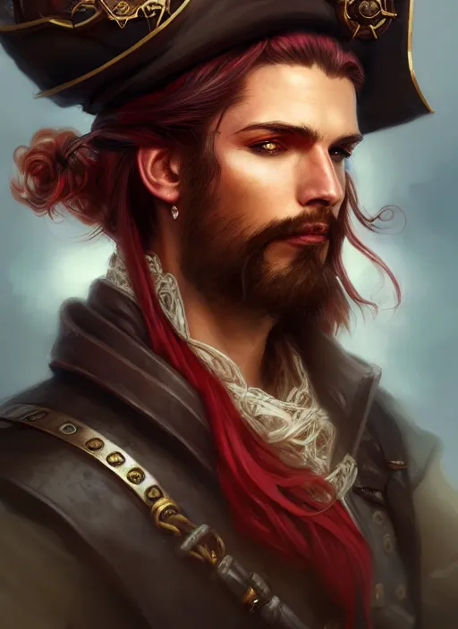 Image similar to 3/4 headshot of male airship pirate, D&D, handsome, fantasy, intricate, long hair, airship, steampunk, red hair, elegant, highly detailed, digital painting, artstation, concept art, smooth, sharp focus, illustration, art by artgerm and greg rutkowski and alphonse mucha