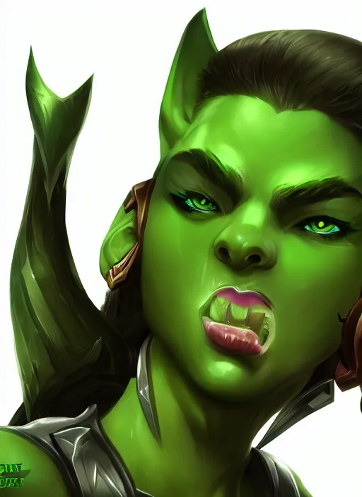 Prompt: green orc female, light green tone beautiful face by league of legends splash art