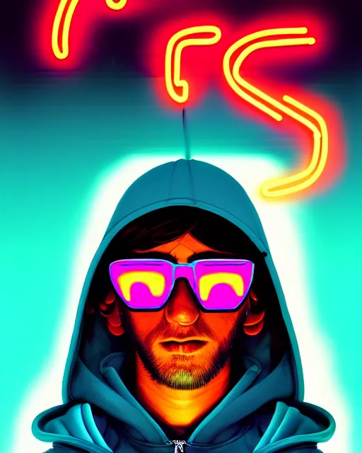 Image similar to edm art, pop art, hyper - realistic detailed portrait of a man in a hoodie, with neon visor, by atey ghailan, by greg rutkowski, by greg tocchini, by james gilleard, by joe fenton, by kaethe butcher, sharp focus