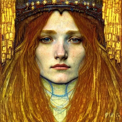 Image similar to detailed realistic beautiful young medieval queen face portrait by jean delville, gustav klimt and vincent van gogh, art nouveau, symbolist, visionary, gothic, pre - raphaelite, muted earthy colors, desaturated