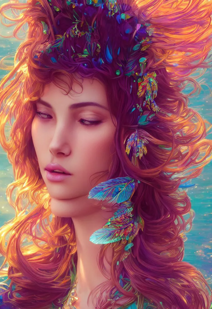 Image similar to beautiful, young woman, detailed gorgeous face, vaporwave aesthetic, synthwave, colorful, psychedelic, water droplets, feathers, crown, artstation, concept art, smooth, extremely sharp detail, finely tuned detail, ultra high definition, 8 k, unreal engine 5, ultra sharp focus, illustration, art by artgerm and greg rutkowski and alphonse mucha