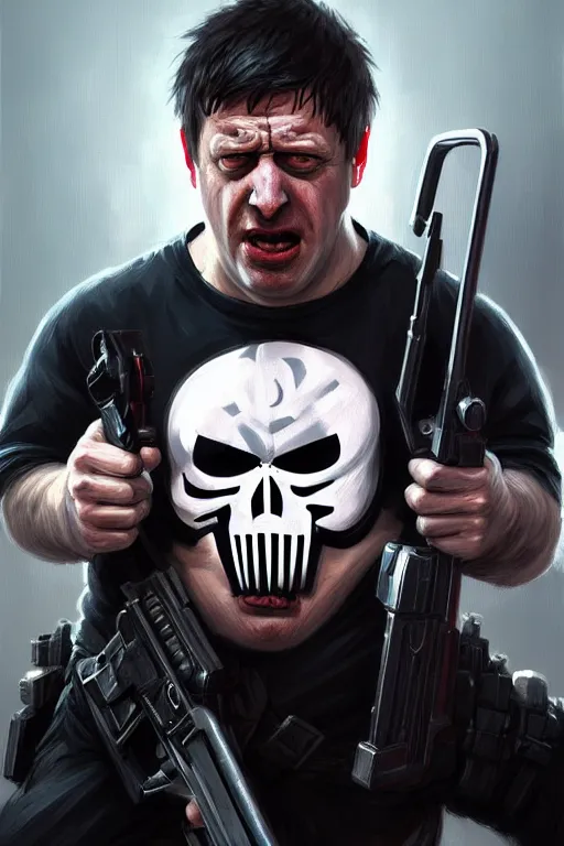 Image similar to angry Boris Johnson as Punisher, portrait, highly detailed, digital painting, artstation, concept art, smooth, sharp focus, illustration, cinematic lighting, art by artgerm and greg rutkowski and alphonse mucha